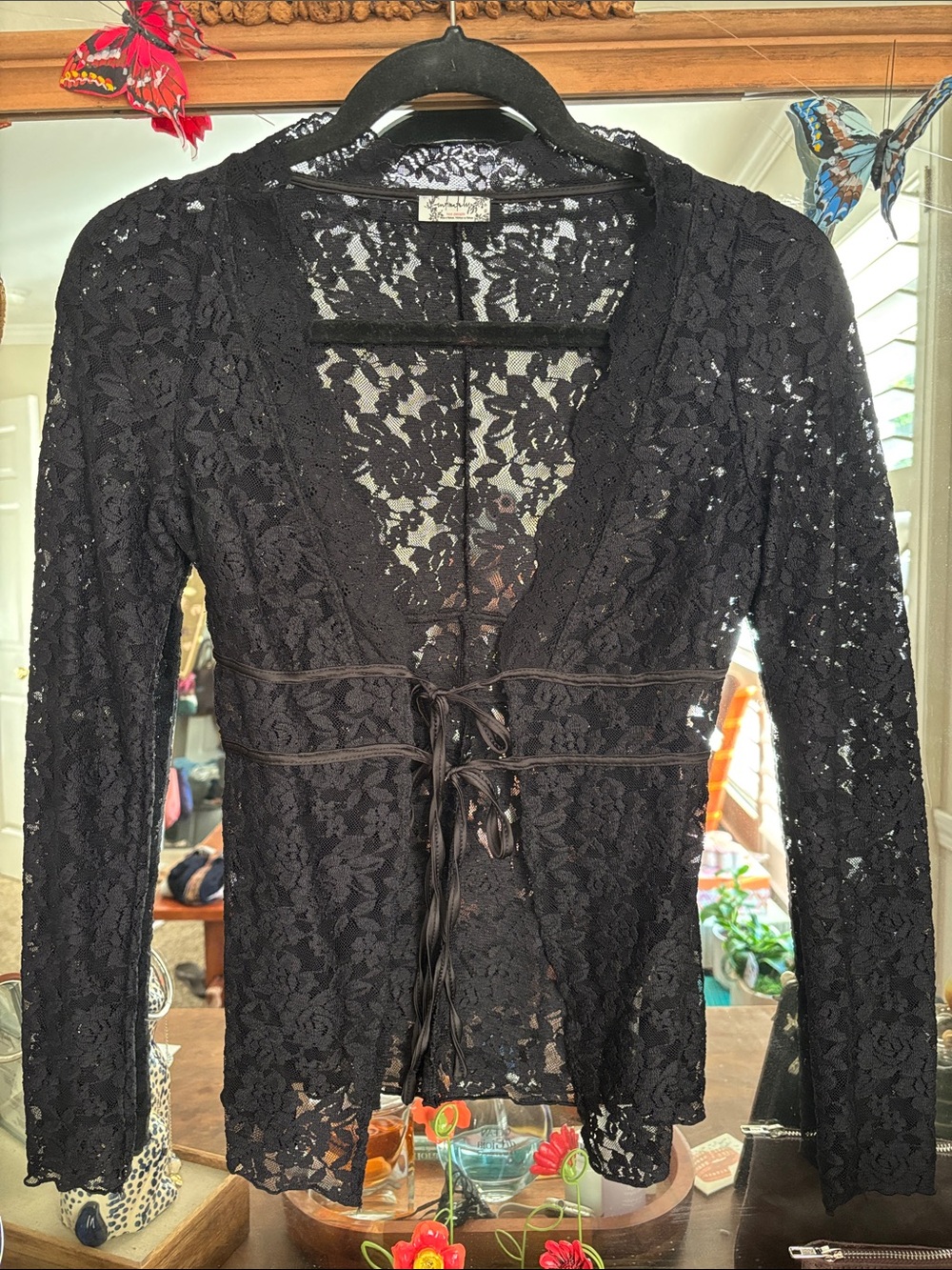 Free People Black Floral Lace Tie-Front Blouse